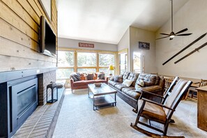 TV, fireplace, books