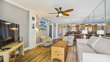 Condo, 2 Bedrooms, Balcony, Ocean View (514) | Living area | 45-inch flat-screen TV with cable channels