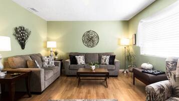 TV, fireplace, books, offices