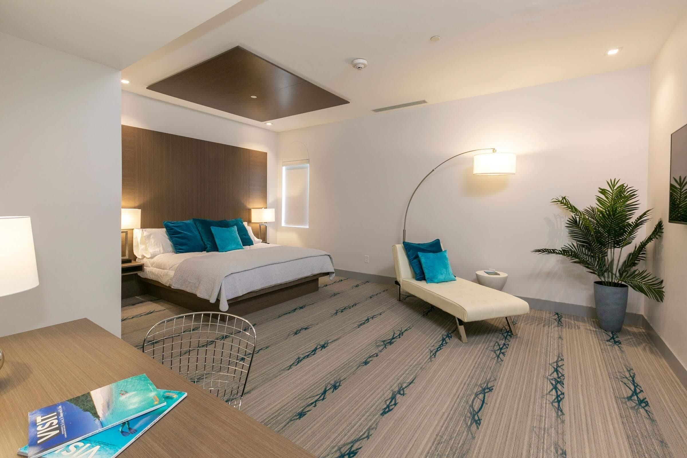 A modern hotel room with a bed, a desk, a chair, a sofa, a potted plant, and a wall-mounted lamp.
