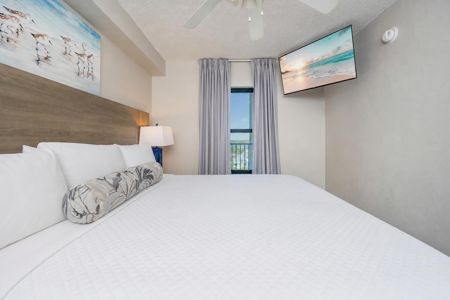 A hotel room with a large bed, a flat-screen TV, a ceiling fan, and a view of the outdoors.