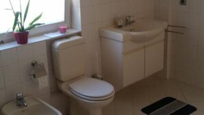 A bathroom with a toilet, bidet, sink, and mirror. There is a window with a plant on the sill. - Fewo Mayer am Bodensee (Friedrichshafen)