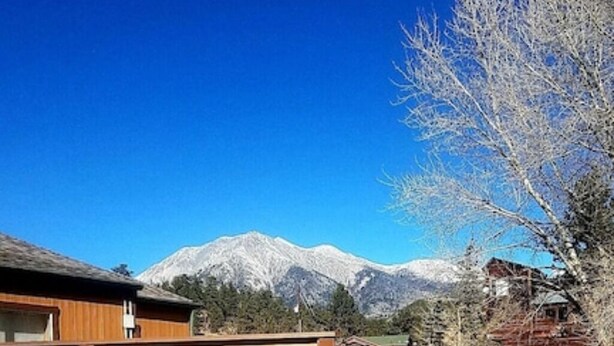 A hot tub in a backyard with wooden fencing and a mountain backdrop.