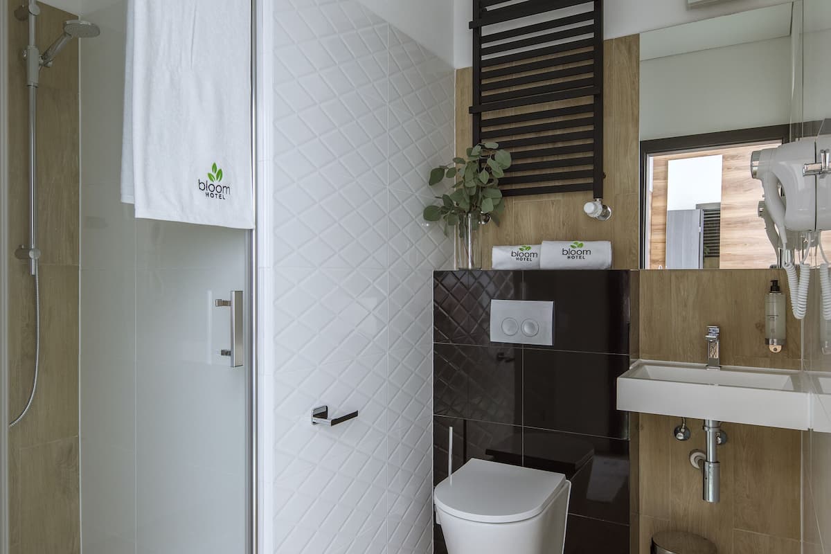 shower, rainfall showerhead, free toiletries, hair dryer