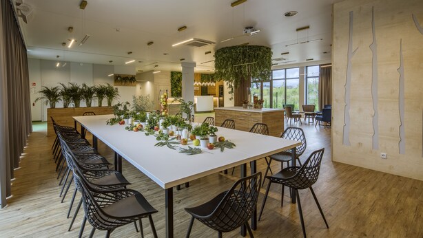 Un comedor amplio con una mesa larga, sillas negras y plantas en macetas.