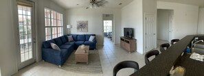 TV, DVD player, books, video library
