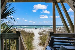 On the beach, sun loungers, beach towels