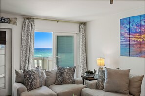 Smart TV, fireplace, books, music library