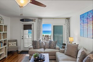 Smart TV, fireplace, books, music library