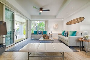 A modern living room with a sofa, coffee table, and a television.