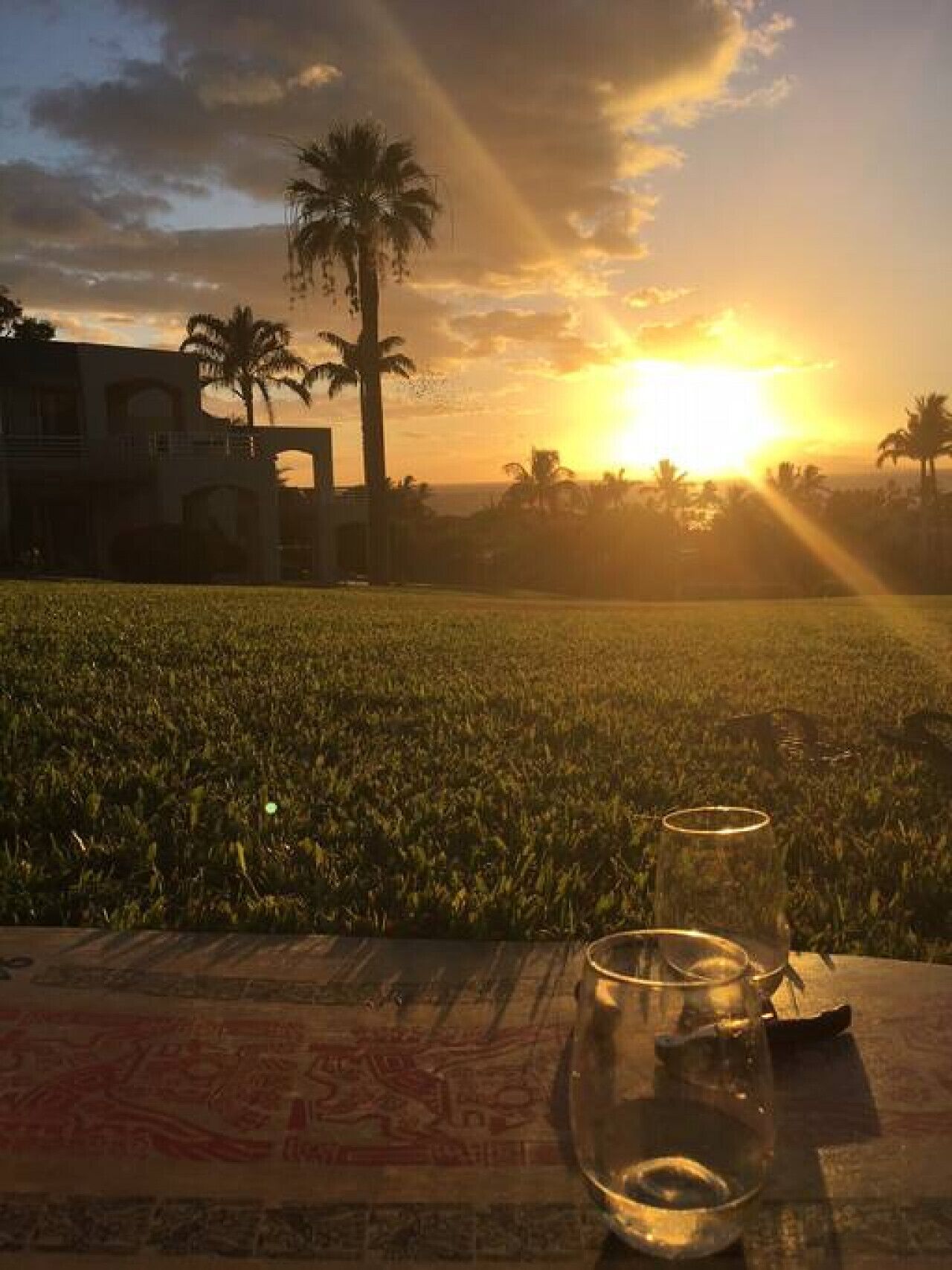 A table with a glass and a cup, set against a sunset with palm trees in the background.