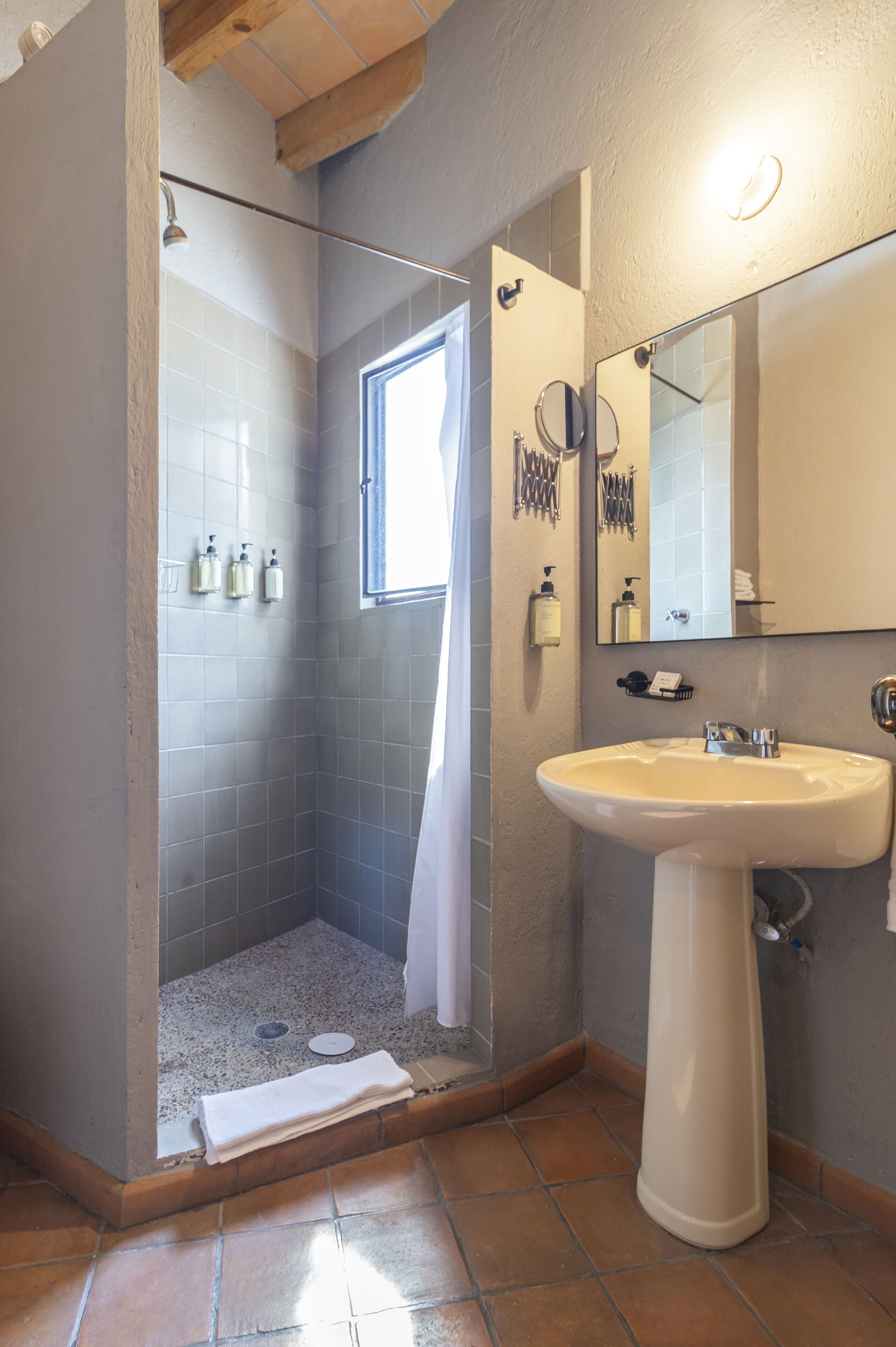 Une salle de bain avec une douche, un lavabo et un miroir.