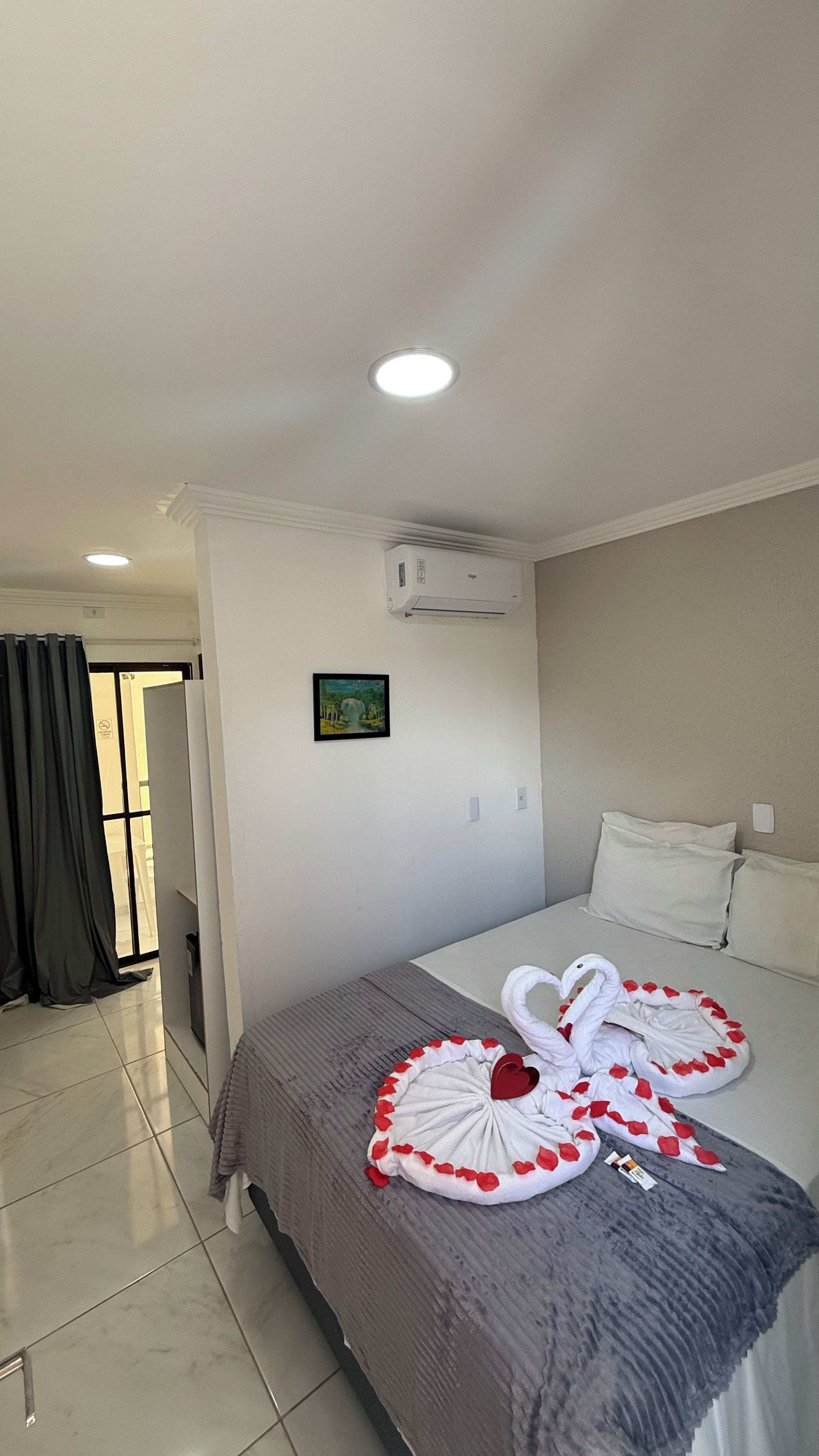 Habitación de hotel con cama, equipo de aire acondicionado, un cuadro y vista al exterior.