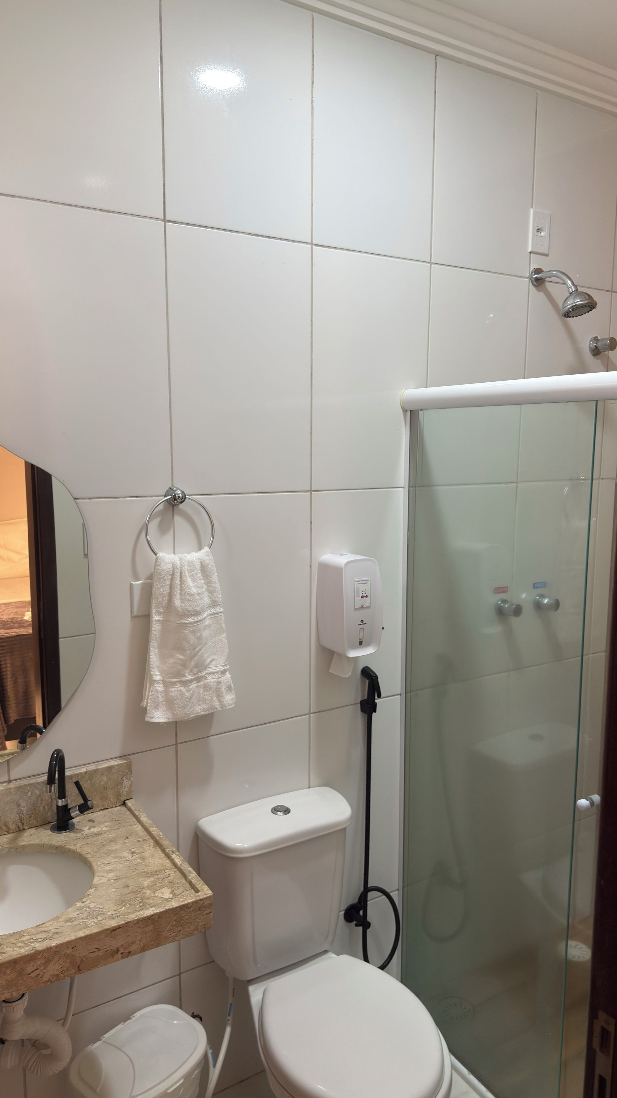 A bathroom with a toilet, sink, and glass-enclosed shower.