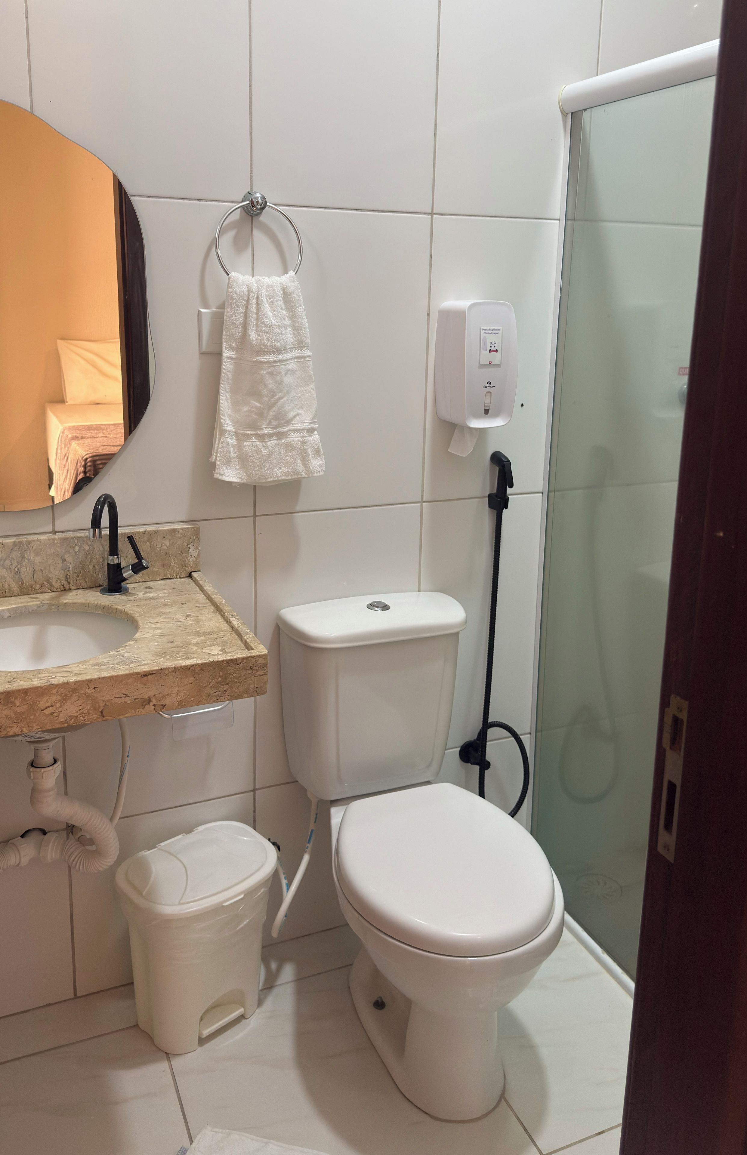 A bathroom with a toilet, sink, and a glass shower enclosure.