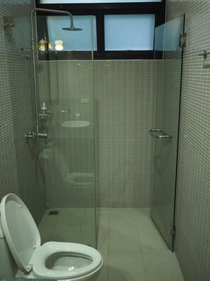 Un box de ducha pequeño y cerrado con puerta de cristal, un inodoro y un cabezal de ducha.