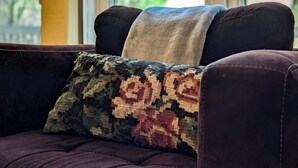 A room with a sofa, a patterned throw pillow, and a floor lamp. - Moose Manor | Hot tub, Wifi, Fireplace, AC (Packwood)