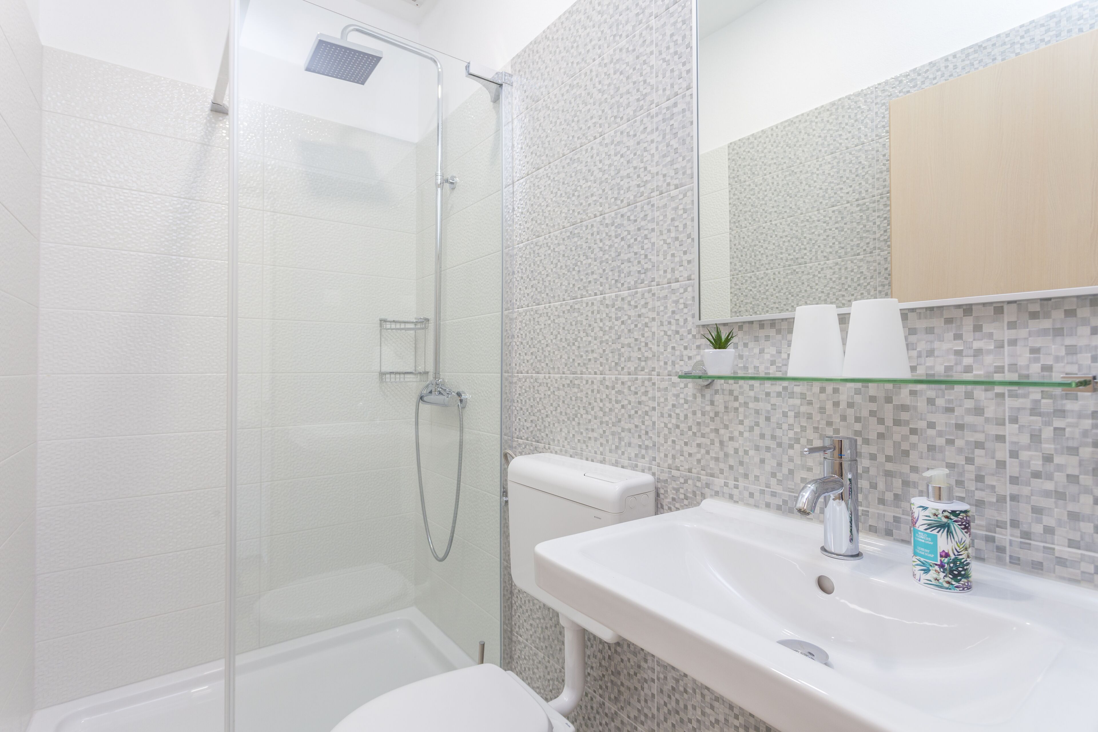 A modern bathroom with a glass shower enclosure, a white toilet, and a sink with a mirror above it.