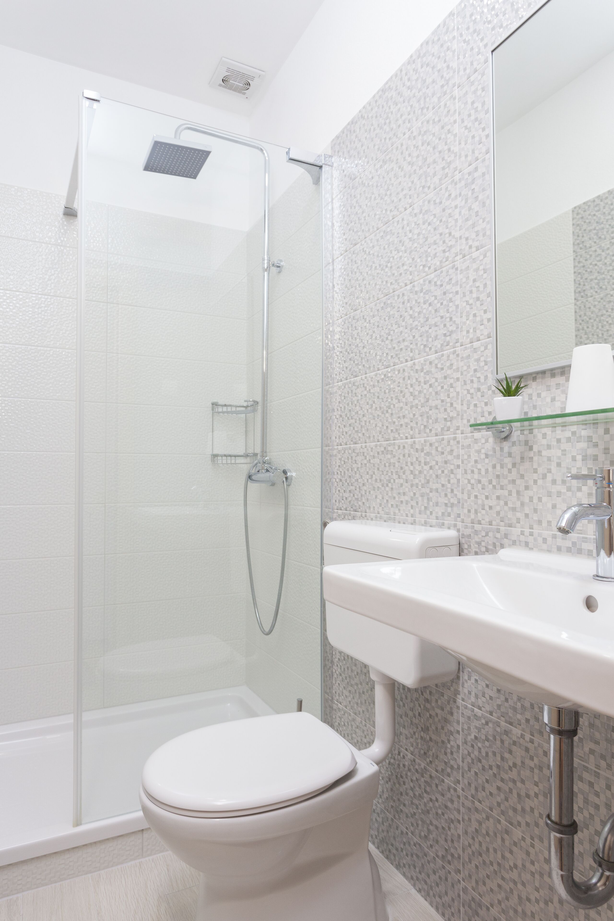 A modern bathroom with a glass shower enclosure, a white toilet, and a sink with a mirror above it.