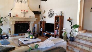 Télévision, cheminée, lecteur de DVD, table de tennis de table