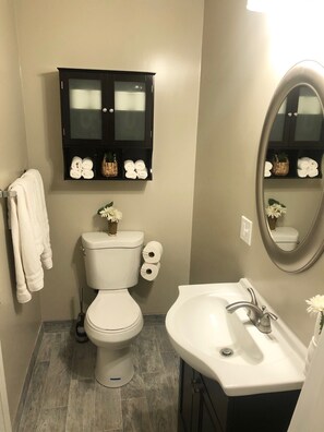 Combined shower/bathtub, hair dryer, towels, soap