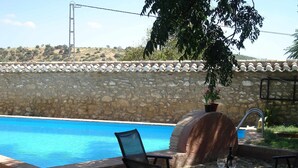 Ein Swimmingpool mit Steinmauer und Flachdach, umgeben von Sitzgelegenheiten im Freien und einem Blumentopf.