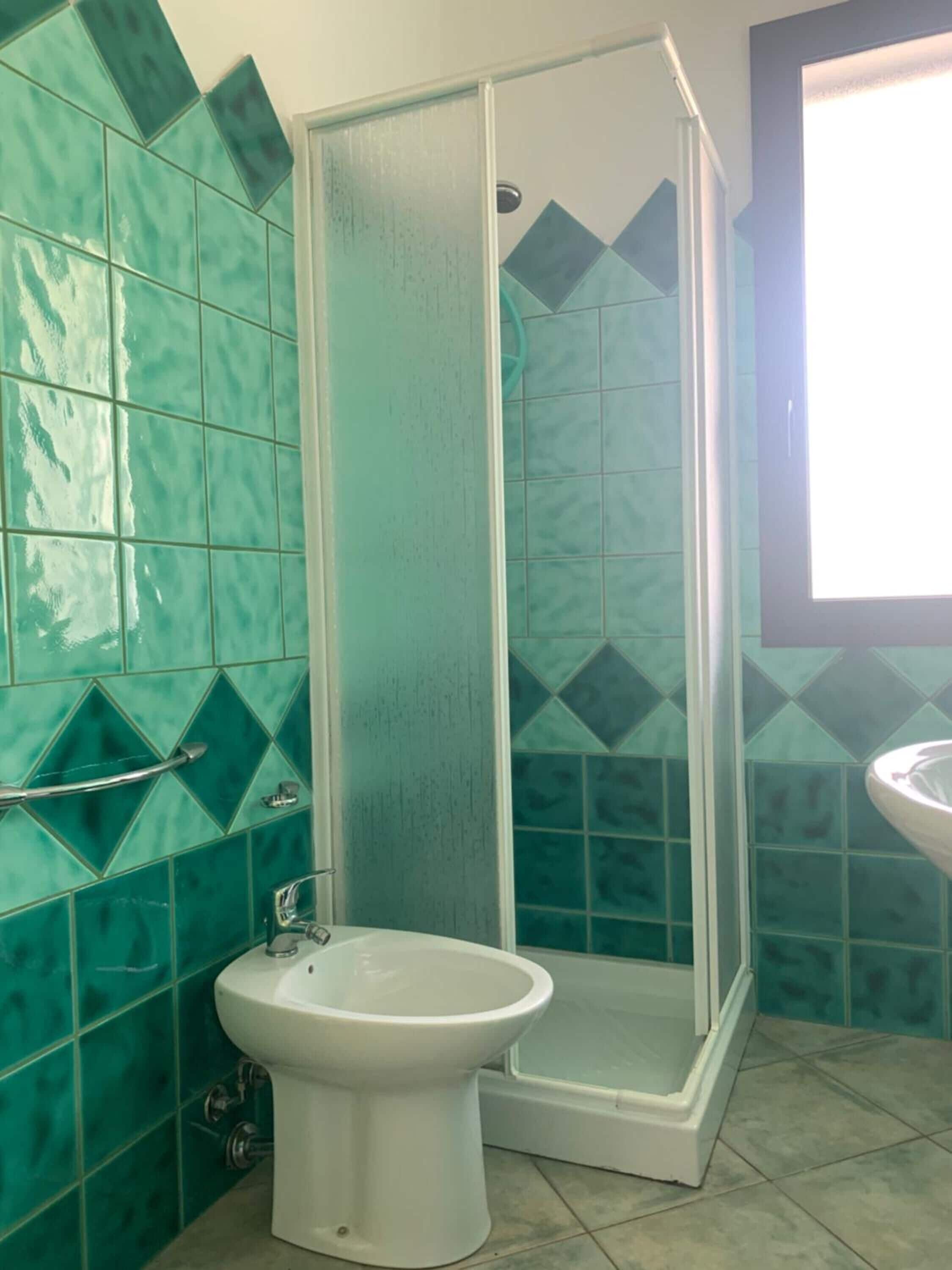 A bathroom with a shower enclosure, a bidet, and a sink.