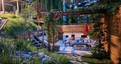 Lake views, backyard oasis, minute from beach, private, late-century modern home