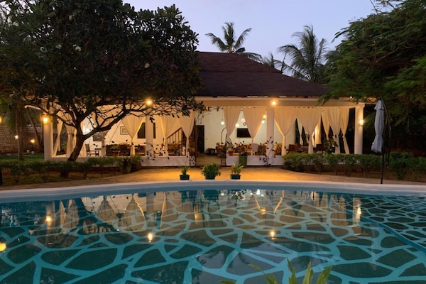 Outdoor pool, pool umbrellas, pool loungers