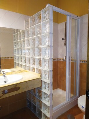 Regadera, secadora de cabello, toallas, papel de baño 