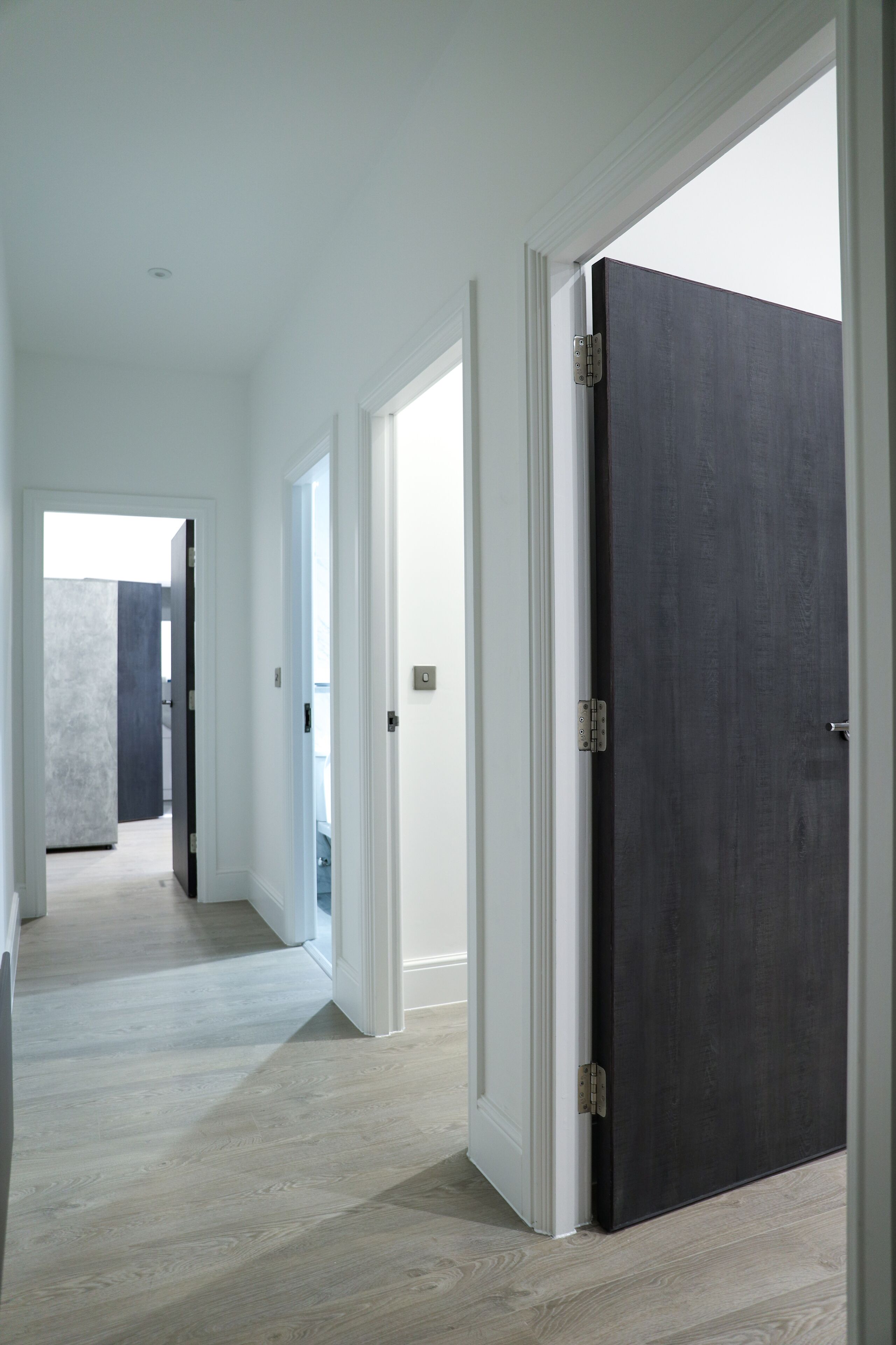A hallway with a dark wooden door, white walls, and light wooden flooring.