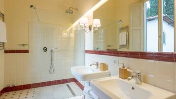 Bathtub, hair dryer, towels, soap