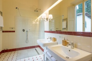 Bathtub, hair dryer, towels, soap