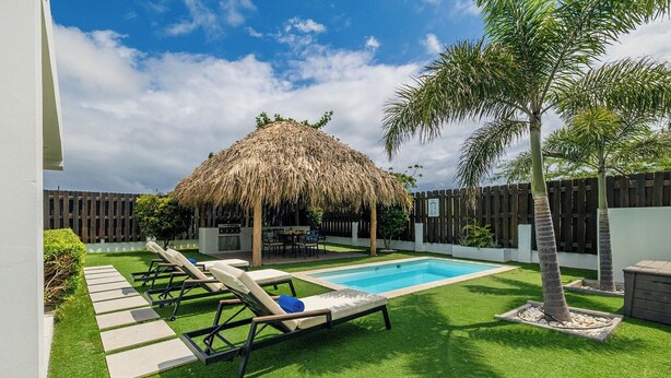 A backyard with a swimming pool, lounge chairs, a thatched-roof gazebo, and palm trees. - ModernPrivatePoolQuiet3BR2BA Eagle/Palm Beach (Noord)