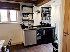 Fridge, microwave, stovetop, electric kettle