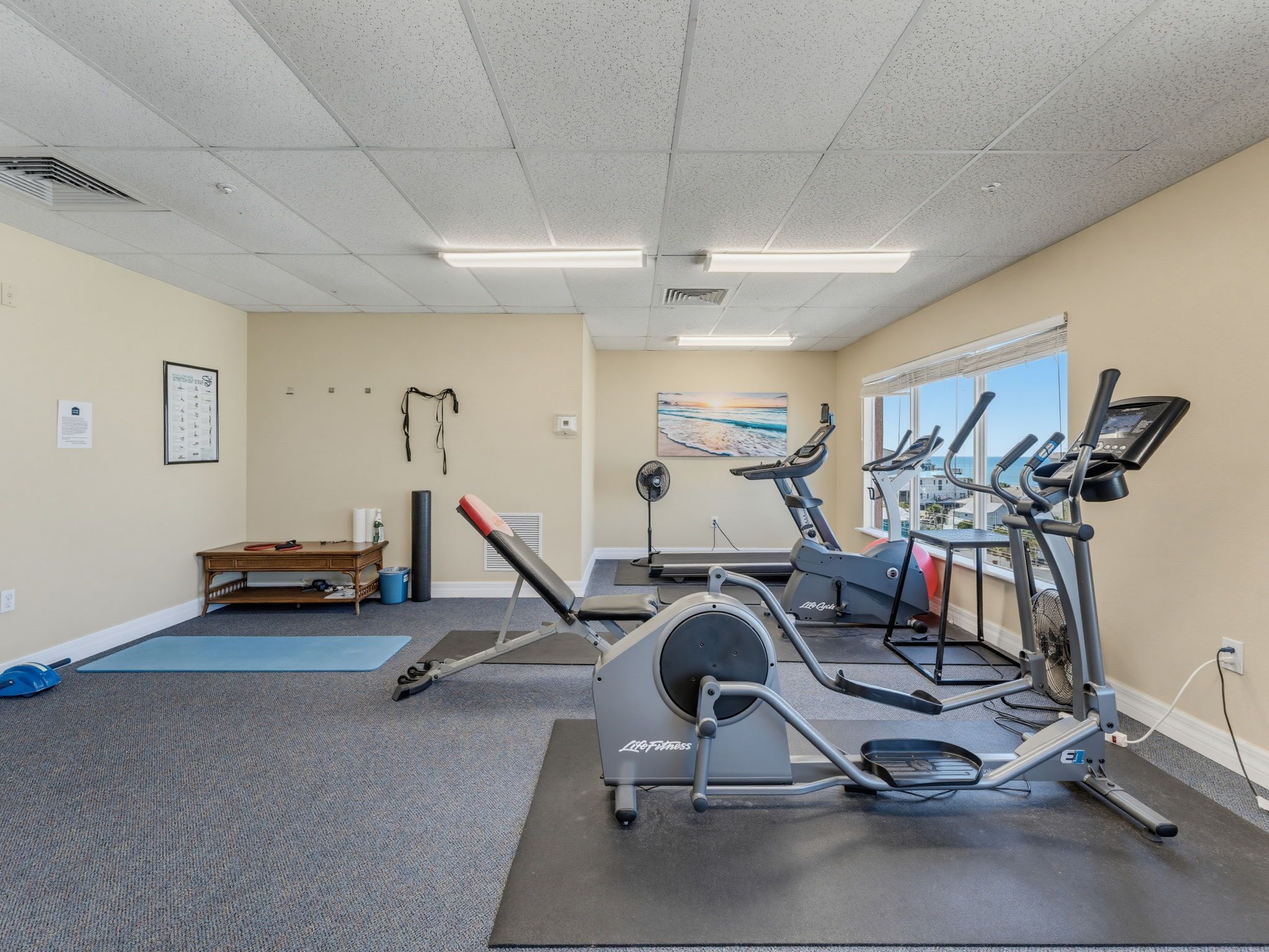 A gym with cardio equipment, a bench, and a wall-mounted fan.