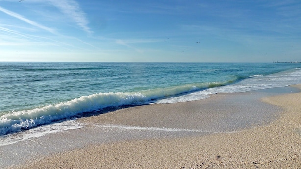 A beach with waves gently lapping onto the shore, clear skies, and distant land visible on the horizon.