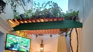 Un espace cuisine extérieur accueillant, doté d’une cheminée en pierre, d’un comptoir-bar en bois et d’un téléviseur fixé au mur.