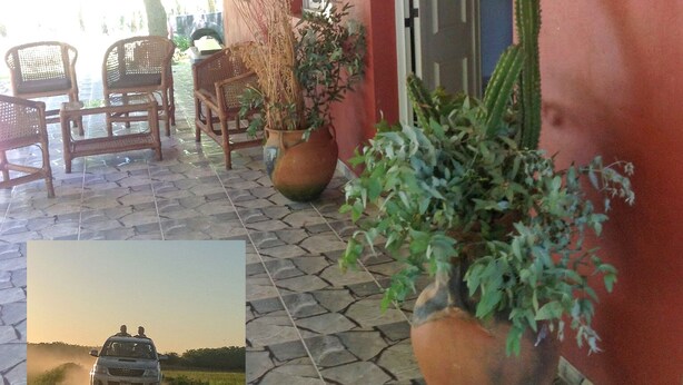 A covered outdoor area with stone flooring, wicker furniture, and potted plants.