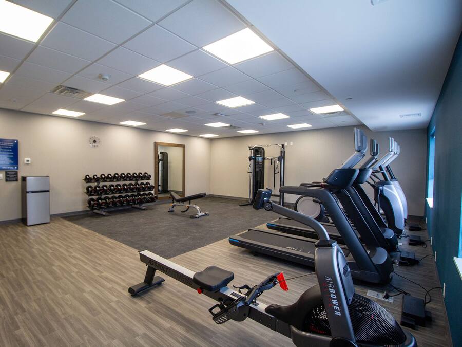A gym with treadmills, elliptical machines, and free weights.