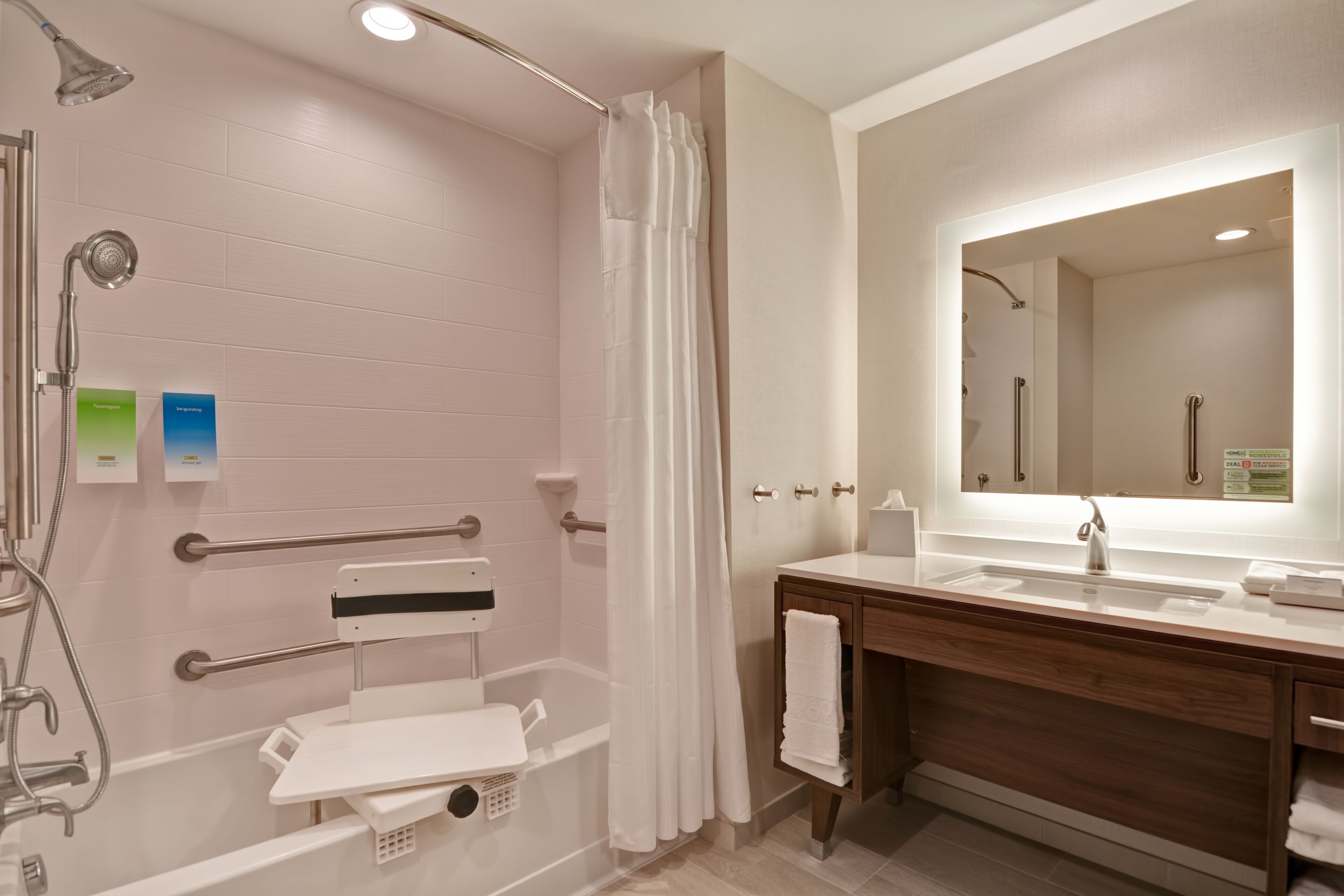 hair dryer, towels, soap, shampoo