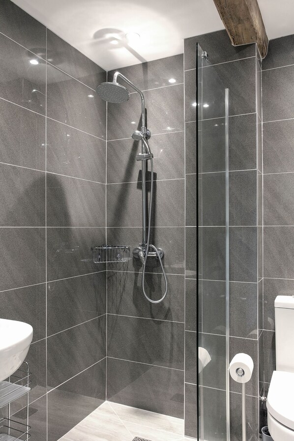 Douche, séchoir à cheveux, serviettes fournies, savon