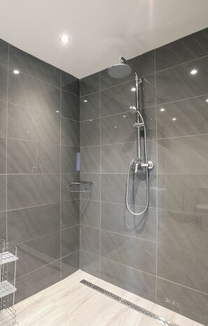 Douche, séchoir à cheveux, serviettes fournies, savon