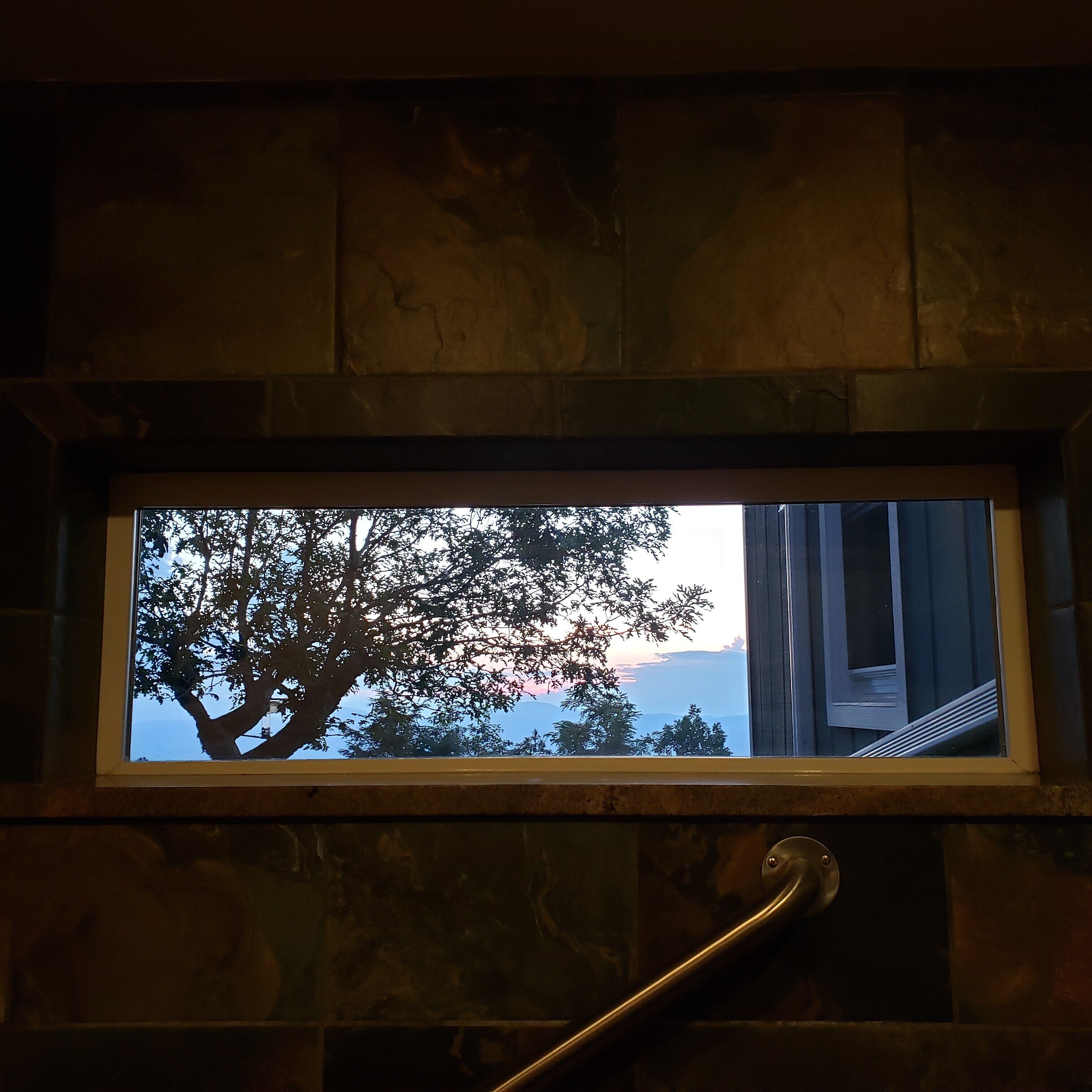 A window with a view of trees and a sunset.