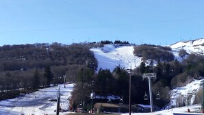 A ski resort with a chairlift, ski slope, and surrounding forest.