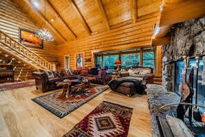 Smart TV, fireplace, books