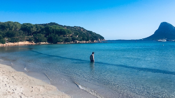 A beach with clear water, a person standing in the water, and a mountain in the background. - Total tranquility in the hills of Budoni (San Lorenzo)