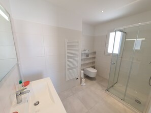 Shower, hair dryer, towels