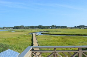 A wooden boardwalk leading to a small dock over a calm water body, surrounded by green fields and trees under a clear sky.