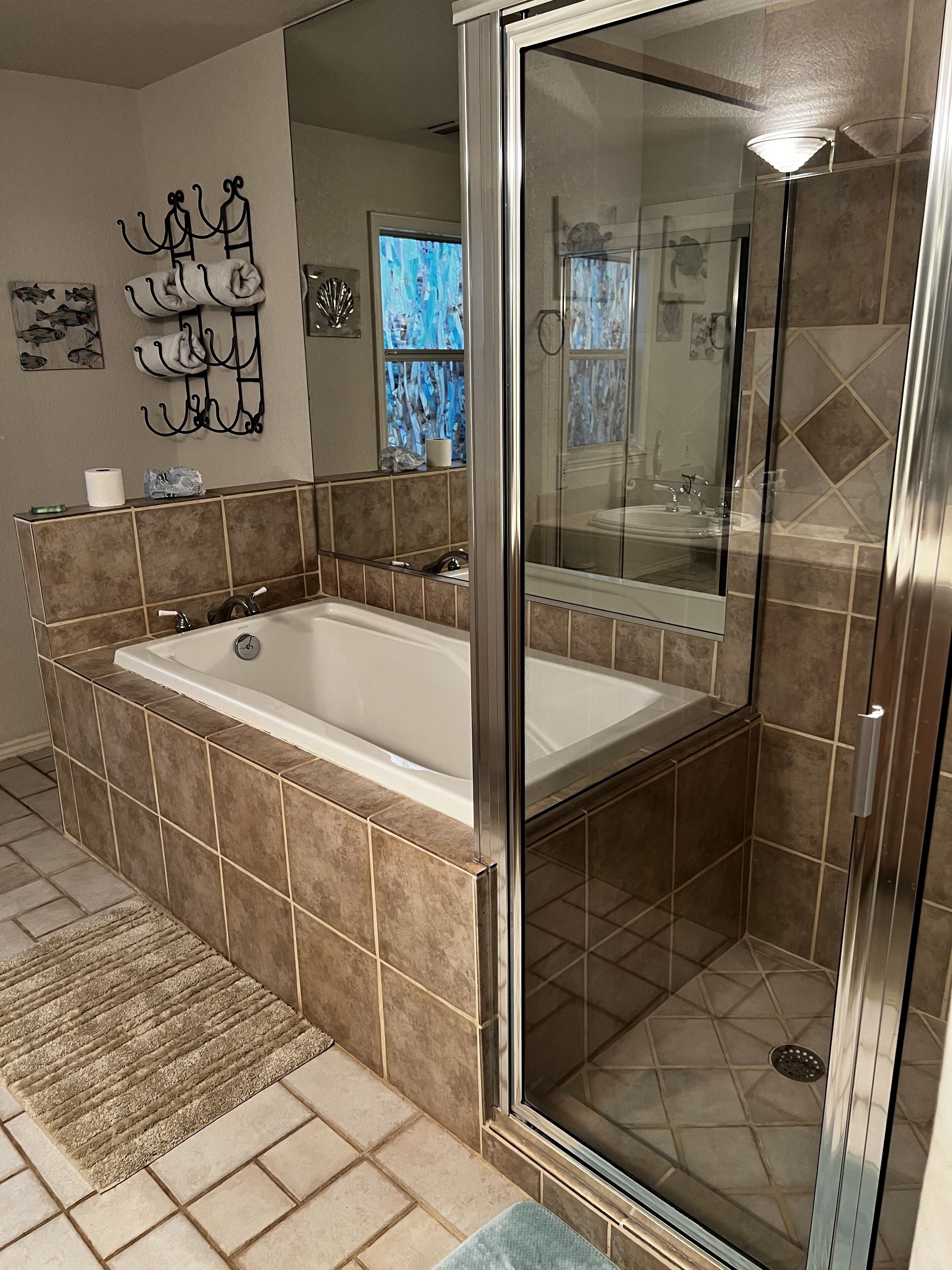 Bathtub, hair dryer, towels, toilet paper